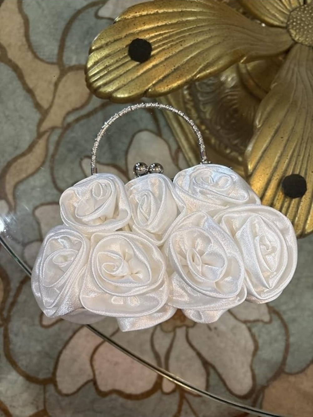 Satin Rose Floral Evening Clutch Bag Rhinestone Handle Wedding Purse White